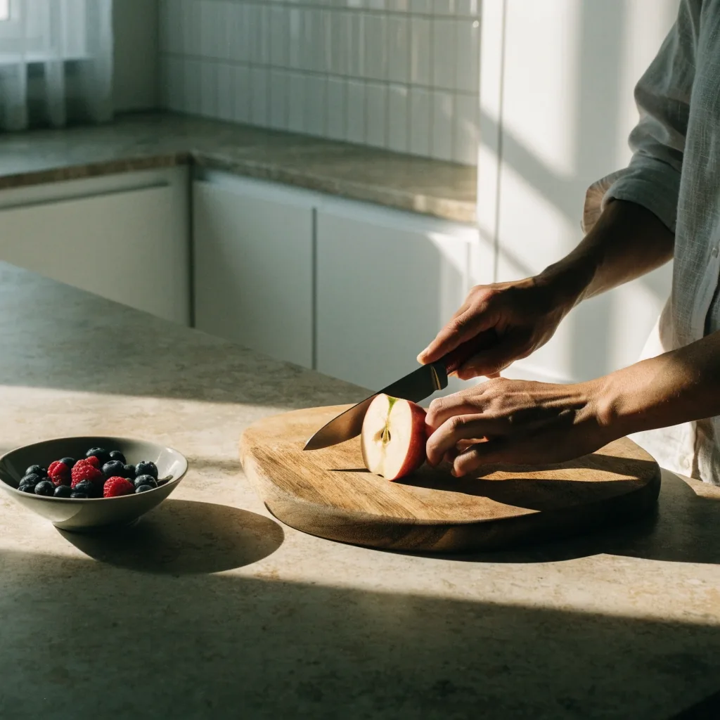 Breakfast counter in a bright Estonian kitchen with a bowl of oats, berries, and a closed notebook