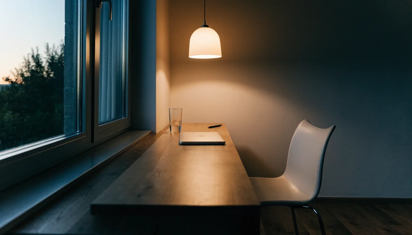 An empty chair and a closed laptop at a bright kitchen table, set up for an online nutrition consultation call