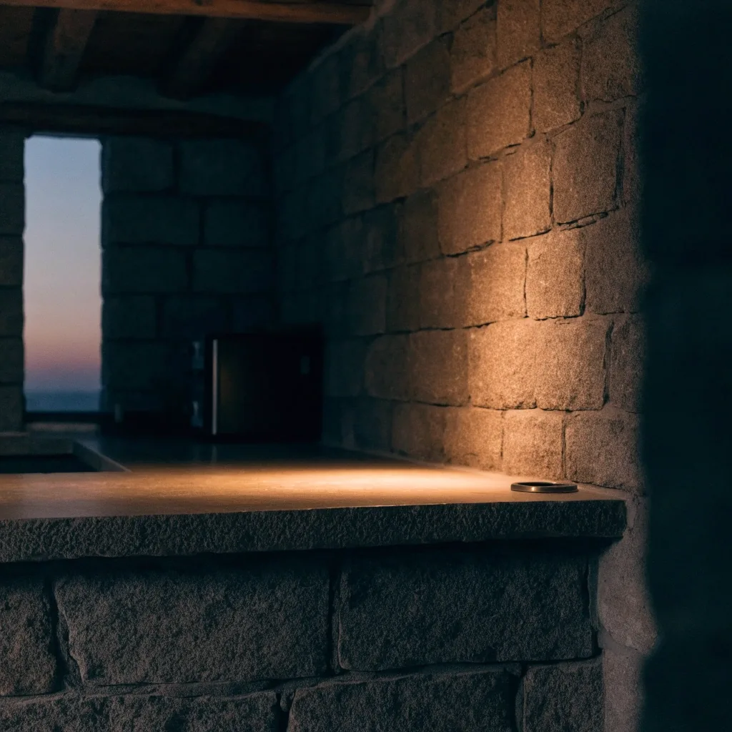 Morning light across a stone kitchen counter with breakfast oats and a glass of water